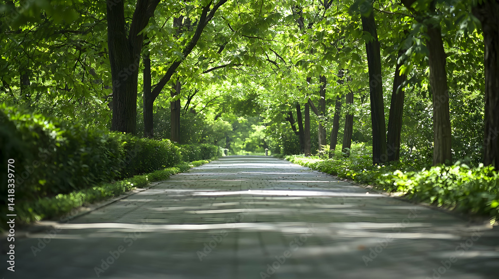 Naklejka premium Peaceful Pathway Through Lush Green Trees