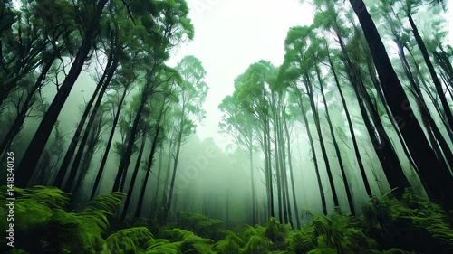 Lush green forest filled with tall trees shrouded in mist creates a serene atmosphere