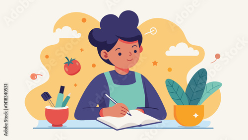 A student writing down their thoughts and feelings in a journal reflecting on their experience and personal growth during the cooking class.. Vector illustration