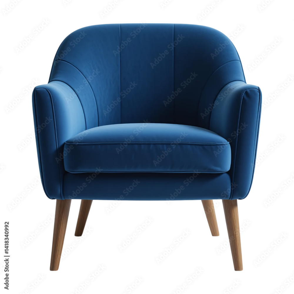 Naklejka premium Modern blue velvet armchair with wooden legs and curved backrest isolated on transparent background