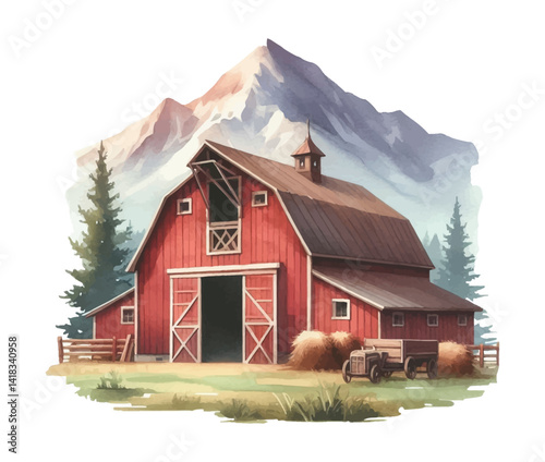 A red barn with open doors, hay bales, trailer, and a mountain landscape background in watercolor style