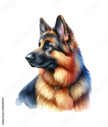 Watercolor Painting of a Regal German Shepherd Dog Looking Off to the Side on White