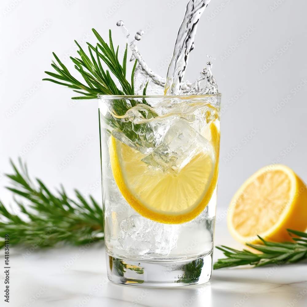 Fototapeta premium Refreshing drink with lemon, rosemary, and ice splashing in clear glass