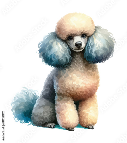 Cute Poodle Dog Sitting Calmly with a Sweet Expression in a Watercolor Painting Style