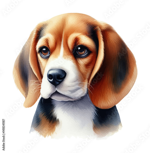 Portrait of a Beagle dog with a calm and gentle expression, painted in watercolor style