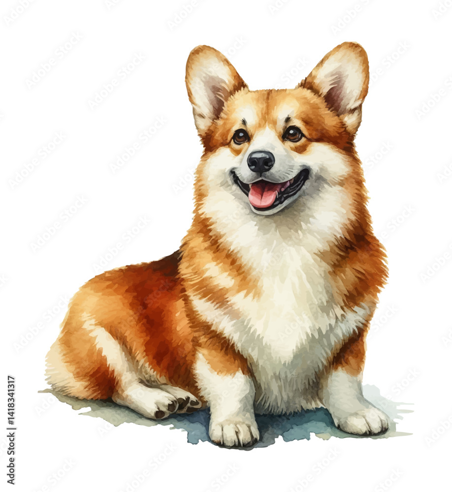 Happy Corgi Dog Sitting with a Smile and Tongue Out, Watercolor Style Illustration Happy Corgi Dog Sitting with a Smile and Tongue Out, Watercolor Style Illustration