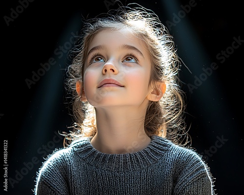 Radiant Child Gazing Upward in Hopeful Reflection.