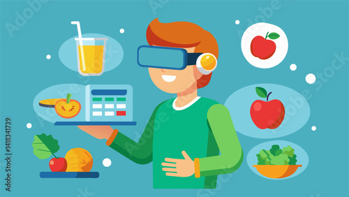 A VR nutrition education tool that uses interactive simulations to teach healthy eating habits and portion control.. Vector illustration