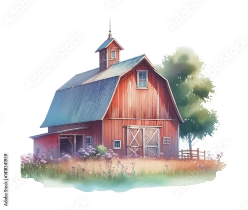 Watercolor painting of a red barn with a silver roof, wildflowers and a tree on a farm
