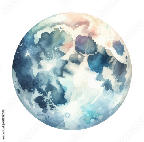 Watercolor Full Moon with Blue and White Hues, Round Celestial Body in Space, Lunar Surface