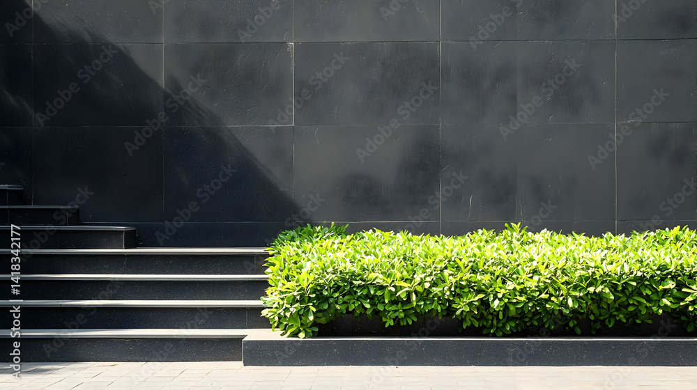 Fototapeta premium Modern Exterior Steps And Greenery With Black Stone Wall