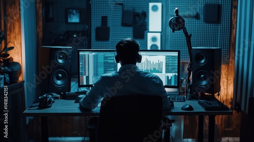 Man Working at Dual Monitors in Music Recording Studio at Night
