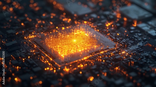 Glowing Central Processing Unit on Circuit Board Illuminating Digital Landscape