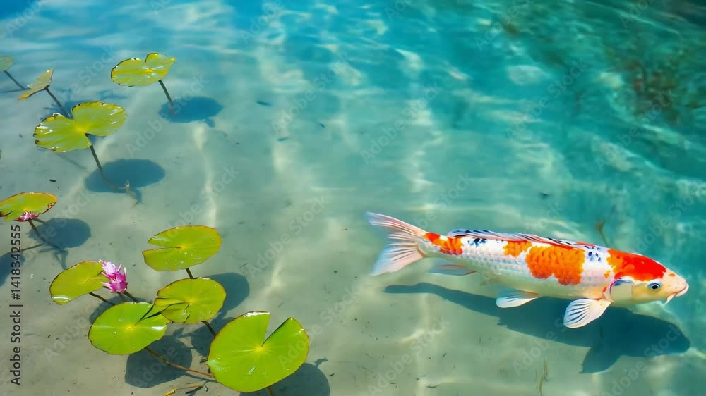 Vibrant orange and white koi carp gliding through crystal clear pond water with lily pads and flowers.