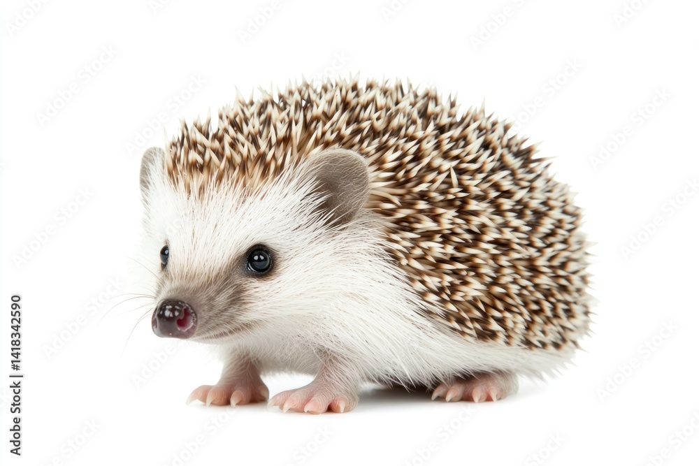 Small hedgehog with brown and white quills isolated on a white background.