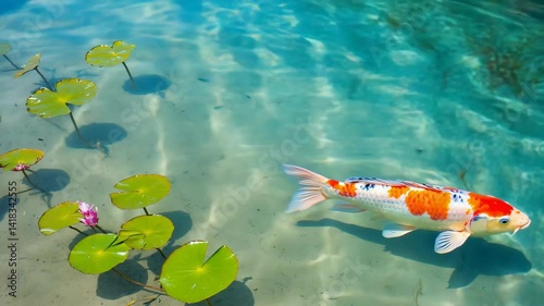 Vibrant orange and white koi carp gliding through crystal clear pond water with lily pads and flowers.