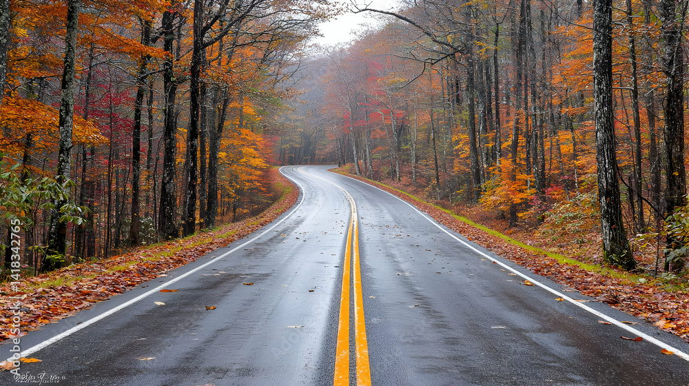 Fototapeta premium Autumn Road Through Colorful Forest In Rain
