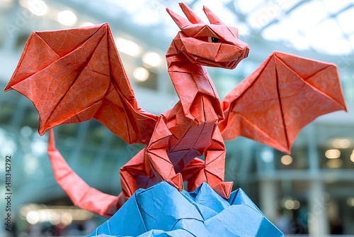 Ornate origami dragon perched atop a miniature mountain.