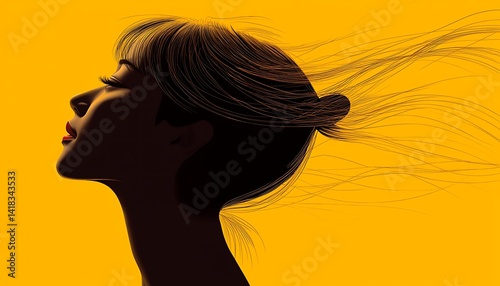 A profile view of a woman with flowing hair against a vibrant yellow background.