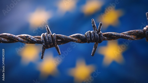Symbolic image of EU flag behind barbed wire representing immigration limits, trade conflict, and geopolitical tension
