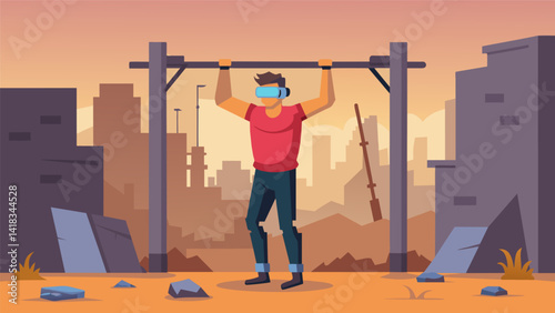 A man performing virtual reality pullups in a postapocalyptic world surrounded by ruins and debris.. Vector illustration