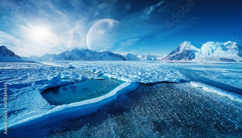 Alien landscape background Global ice age on the planet