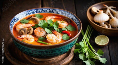 A vibrant bowl of Tom Yum soup features shrimp, mushrooms, clams, and fresh cilantro in a decorative blue bowl on a dark wooden table