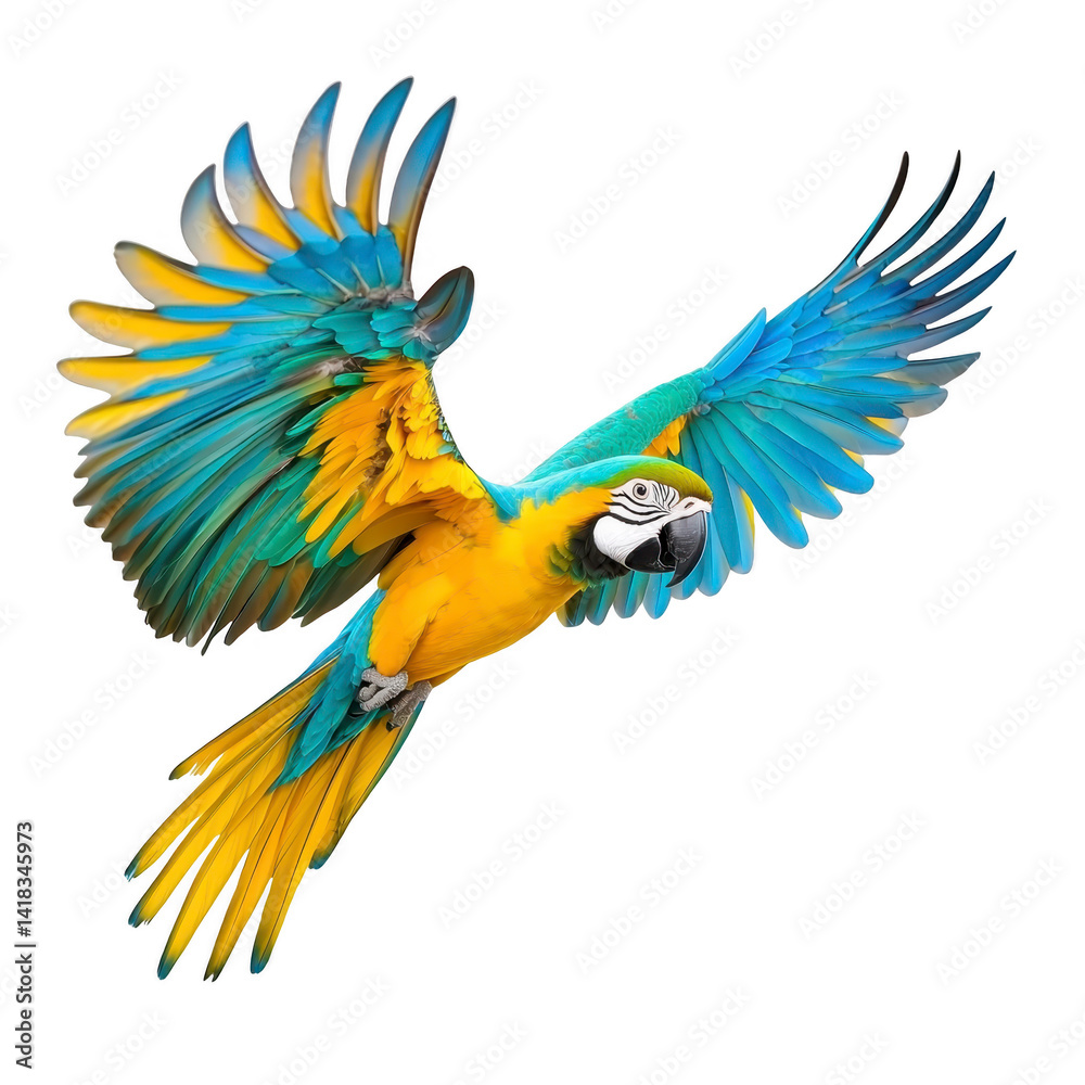 Obraz premium vibrant blue and yellow macaw soars gracefully with its wings fully extended, showcasing its colorful plumage against clear background. parrot striking colors and dynamic pose convey sense