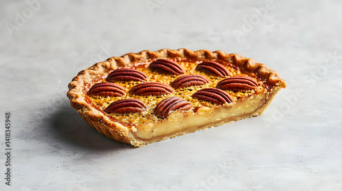Delicious Pecan Pie Slice On Light Gray Background photo
