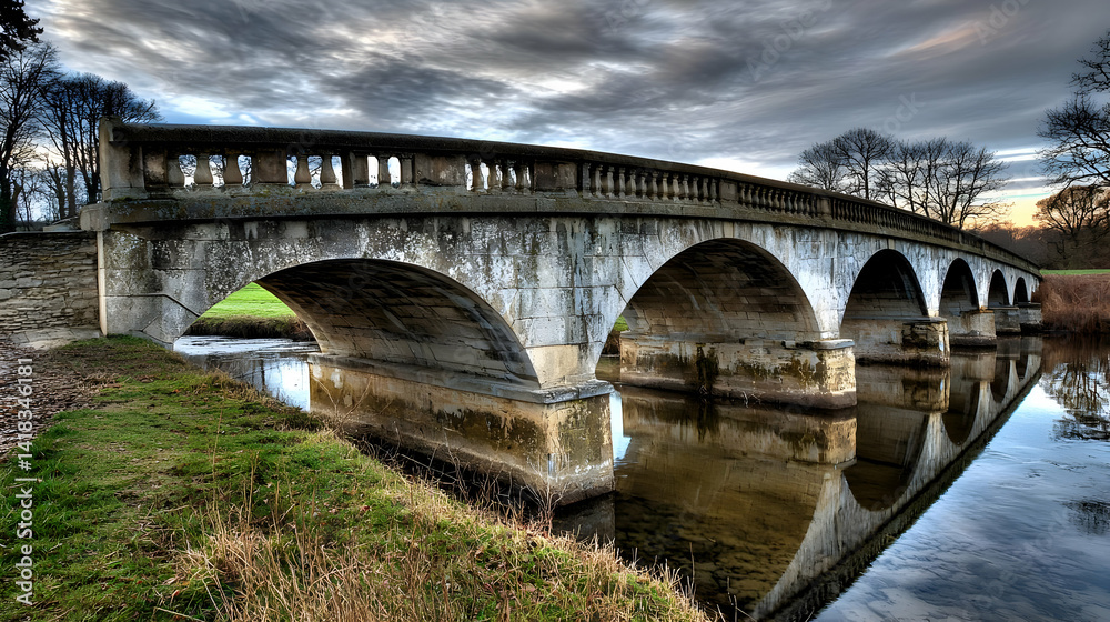 Aged Stone Arch Bridge Over Calm River at Sunset Aged Stone Arch Bridge Over Calm River at Sunset