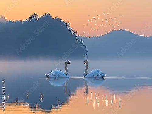 Two swans meet at dawn on a tranquil lake.