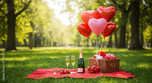 A romantic picnic setup in a park with a red blanket, champagne, strawberries, and heart-shaped balloons photo