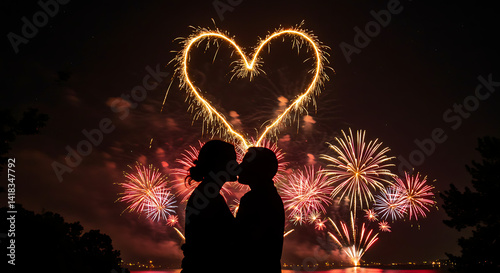 Silhouette of a couple kissing under fireworks at night with a big heart-shaped spark in the sky photo