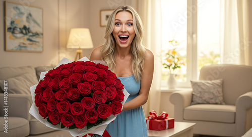 A woman surprised with a bouquet of red roses and chocolates, smiling joyfully in a cozy living room photo