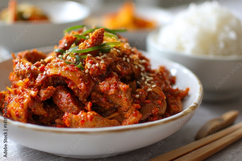Korean Spicy Pork Bowl with Rice and Chopsticks Ready to Eat Korean Spicy Pork Bowl with Rice and Chopsticks Ready to Eat
