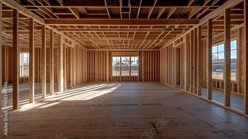 Sunlit empty room, wood-framed structure under construction