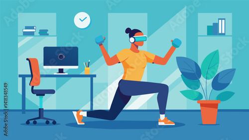 In a bustling office a person uses a VR headset to participate in a virtual corporate wellness program completing a workout routine during their lunch. Vector illustration