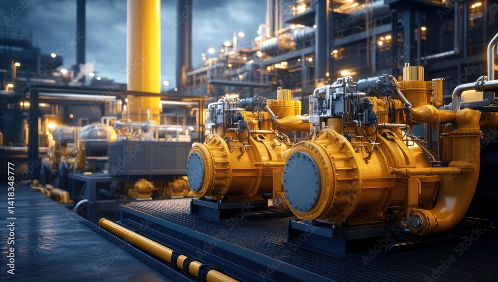 Industrial complex with yellow machinery and pipes under a cloudy sky. Industrial complex with yellow machinery and pipes under a cloudy sky.