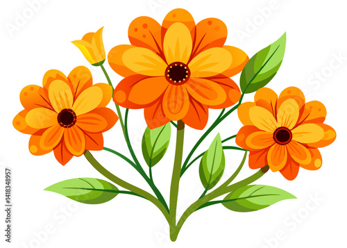 Illustration of a bouquet with three orange flowers and green leaves on a white background design artful