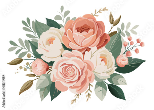 Elegant arrangement of roses in peach and cream with green foliage on a white background artful design