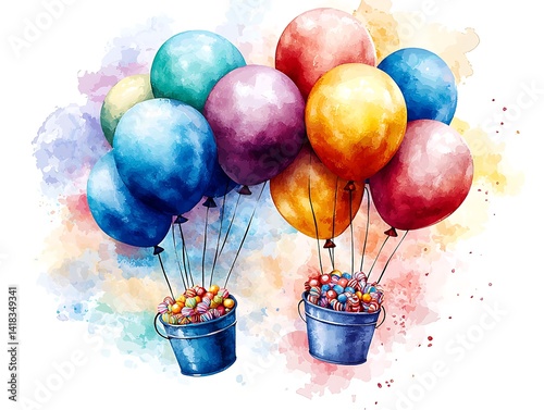 Colorful balloons floating above buckets filled with colorful treats.