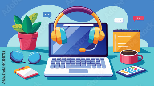 Headset or headphone on laptop keyboard for helpline customer on communication and hotline support call center service. voip digital phone for helpdesk in business ..