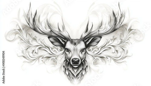 Detailed pencil drawing of a deer with ornate floral designs around it