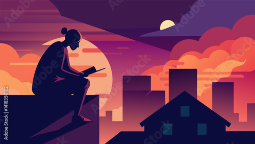 A shadowy figure on a rooftop silhouetted against a vibrant sunset sky as they capture their thoughts in a journal.. Vector illustration