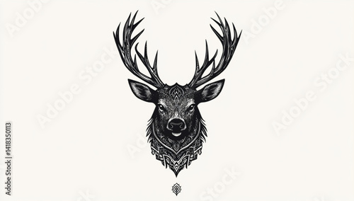 Detailed illustration of a deer head with intricate patterns and large antlers