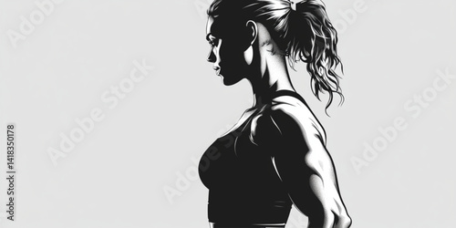 Profile view of muscular woman with ponytail in black and white illustration