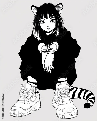Anime girl in hoodie with cat ears and striped tail wearing sneakers art style
