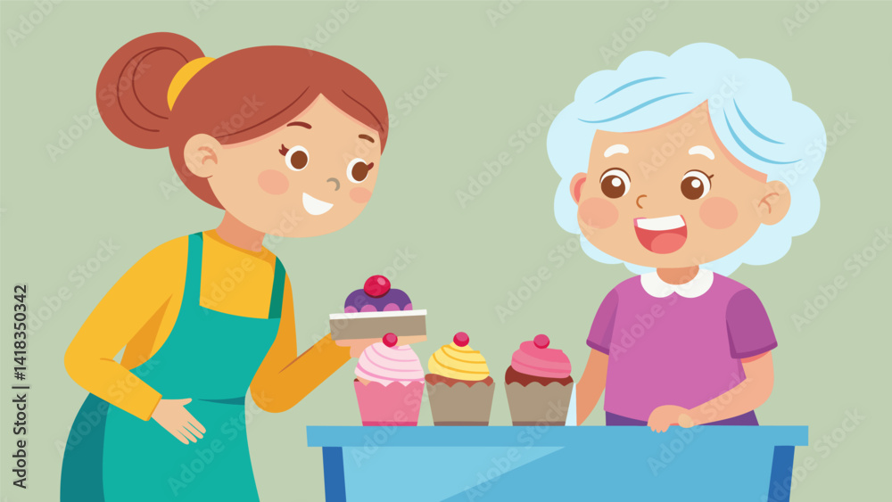 An elderly woman giving words of encouragement to a young girl nervously selling her first batch of cupcakes at the bake sale.. Vector illustration An elderly woman giving words of encouragement to a young girl nervously selling her first batch of cupcakes at the bake sale.. Vector illustration