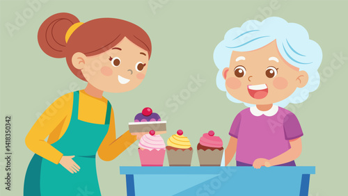 An elderly woman giving words of encouragement to a young girl nervously selling her first batch of cupcakes at the bake sale.. Vector illustration