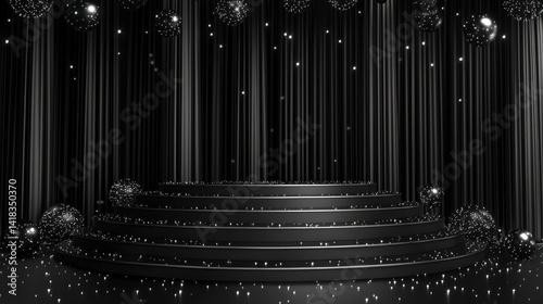 Black stage with balls & hanging curtains